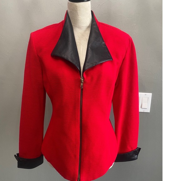 Jessica Howard Jackets & Blazers - Jessica Howard Vintage Red Ribbed Blazer Jacket Black Faux Leather Trim Size 14